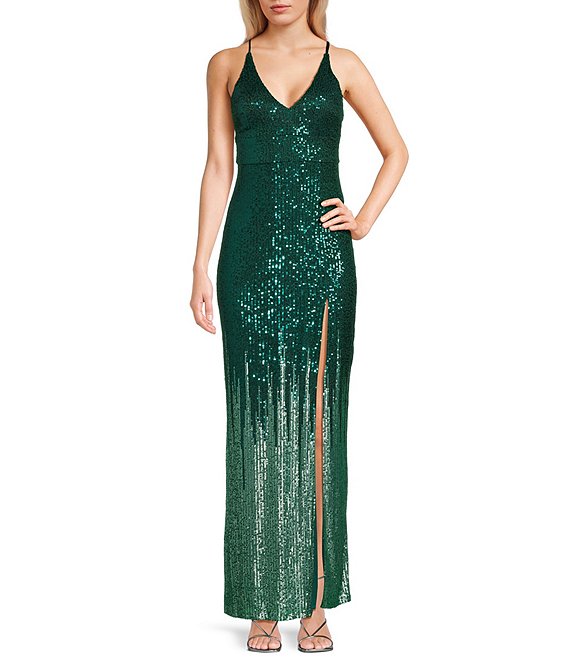 Color:Hunter/Aqua - Image 1 - Deep V-Neck Ombre Sequin X-Back High Slit Long Dress