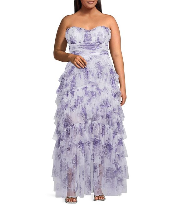 Pear Culture Plus Size Floral Printed Mesh Strapless Tiered A-Line Dress
