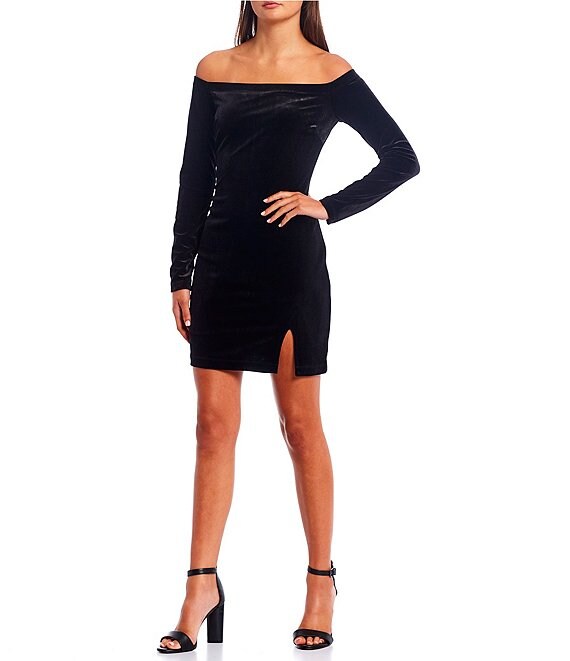 Color:Black - Image 1 - Off-The-Shoulder Long Sleeve Velvet Slim Fit Dress
