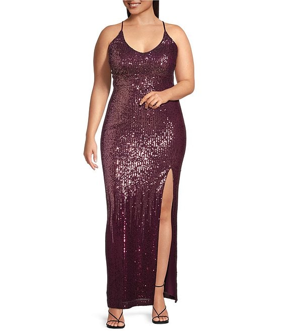 Pear Culture Plus Ombre Sequin X Back High Slit Long Dress | Dillard's