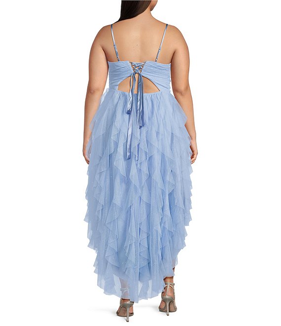 Pear Culture Plus Size Mesh V-Neck High-Low Corkscrew Ruffle Dress
