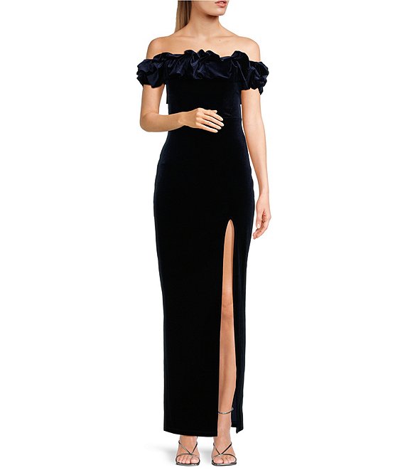 Pear Culture Ruffle Trim Strapless Velvet Long Dress | Dillard's