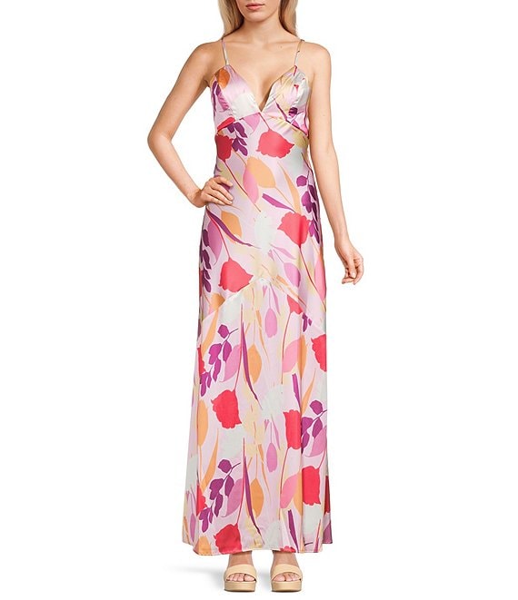 Pear Culture Satin Floral Printed V-Neck Open Back Dress