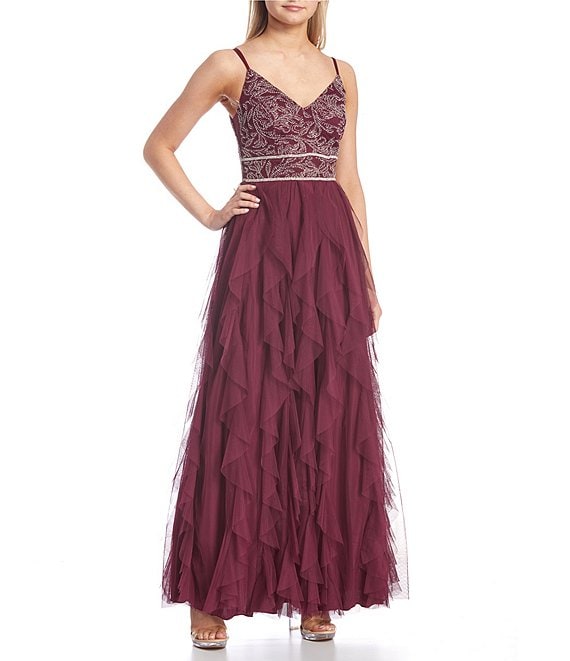Color:Berry - Image 1 - Spaghetti Strap V-Neck Embellished Bodice Corkscrew Ball Gown
