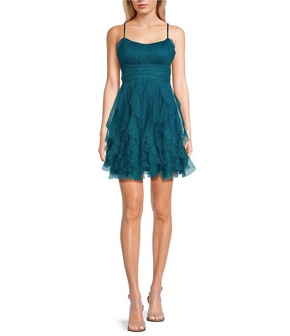 Square Neck Lace Up Back Glitter Fit & Flare Mini Dress | Dillard's