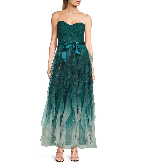 Pear Culture Strapless Glitter Ombre Mesh Ruffled Dress | Dillard's