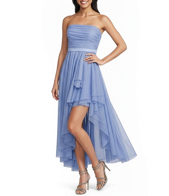 Pear Culture Strapless Lace-Up Back Asymmetrical Mesh Dress