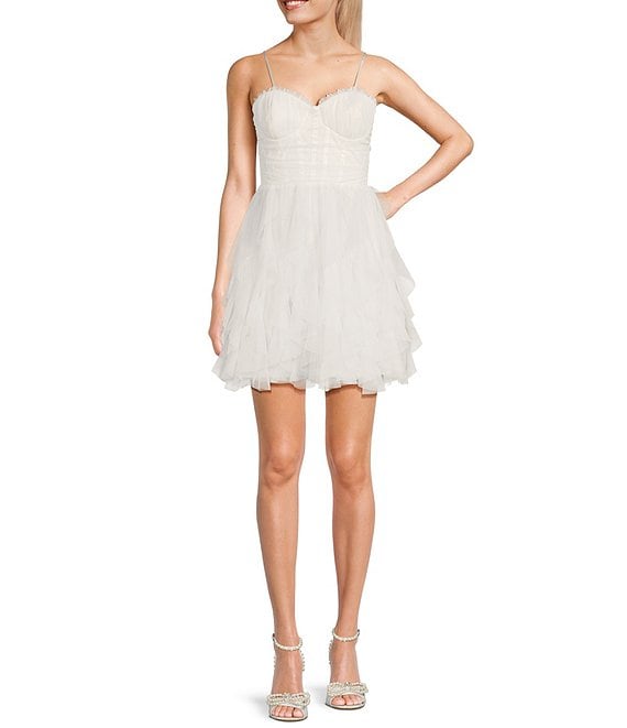 Pear Culture Sweetheart Corset Mesh Corkscrew Short Dress, Off White - Image 1