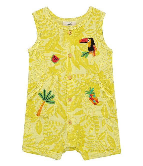 Color:Yellow - Image 1 - Baby 6-24 Months Tropical Leaf Print Embroidered Gauze Rolled Hem Button Front Shortall