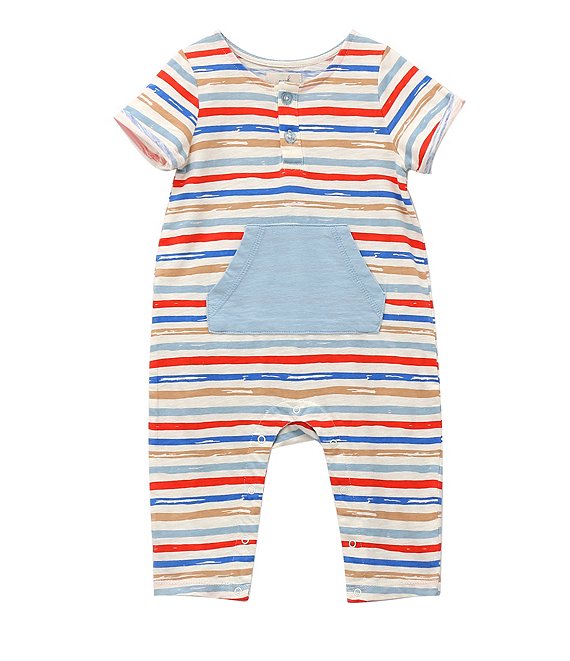 Peek Baby Boys 6-24 Months Stripe Short Sleeve Henley Kangaroo Pocket Coverall