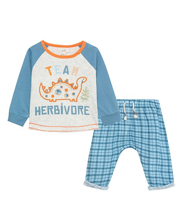 Peek Baby Boys 6-24 Months Team Herbivore Long Sleeve Tee & Plaid Pants Set