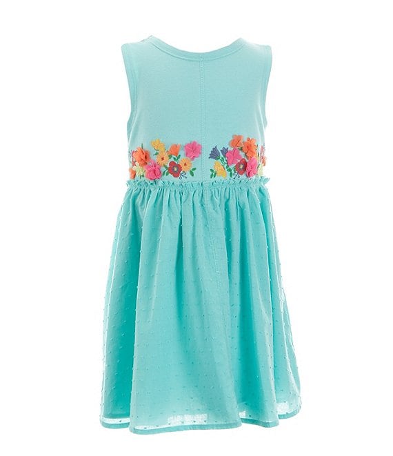 Color:Aqua - Image 1 - Little Girls 2T-12 Sleeveless Swiss Dot 3D-Flower Fit-And-Flare Dress