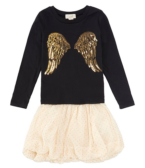 Color:Black - Image 1 - Little/Big Girls 2T-10 Long Sleeve Angel Wings Top & Blouson Skirt Set