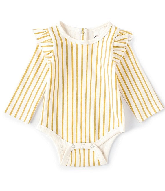 Color:Marigold - Image 1 - Baby Girls Newborn-12 Months Long-Sleeve Ruffle Stripes Away Bodysuit