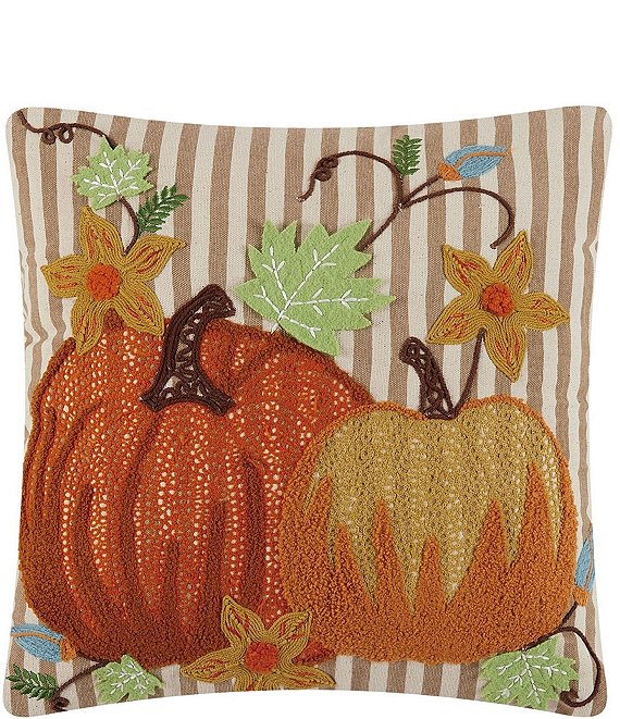 Peking Handicraft Festive Fall Collection Pair Of Pumpkins Embroidered Square Pillow