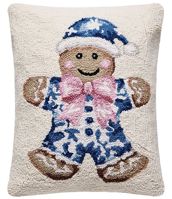 Peking Handicraft Holiday Collection Blue Chinoiserie Gingerbread Wool Hook Pillow