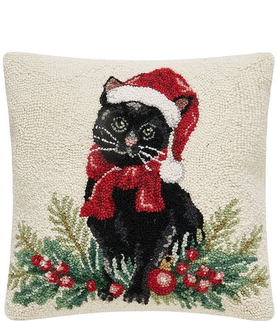 Peking Handicraft Holiday Collection Christmas Black Cat Wool Hook Pillow