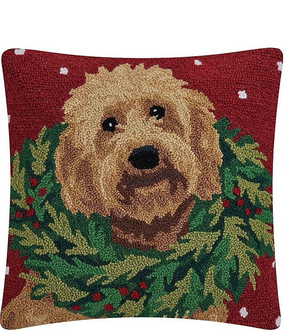 Peking Handicraft Holiday Collection Labradoodle Wreath Wool Hook Pillow