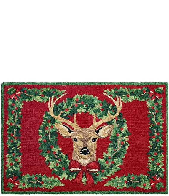 Peking Handicraft Holiday Collection Reindeer Wreath Hook Rug