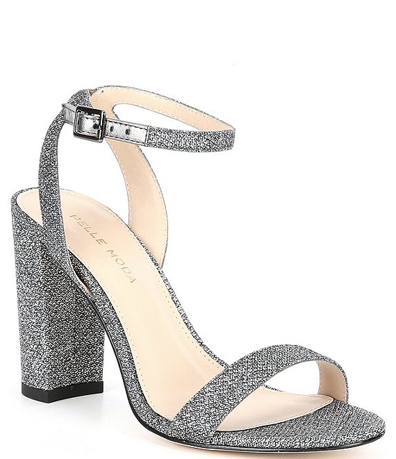Color:Pewter - Image 1 - Brynn Shimmer Fabric Ankle Strap Block Heel Dress Sandals