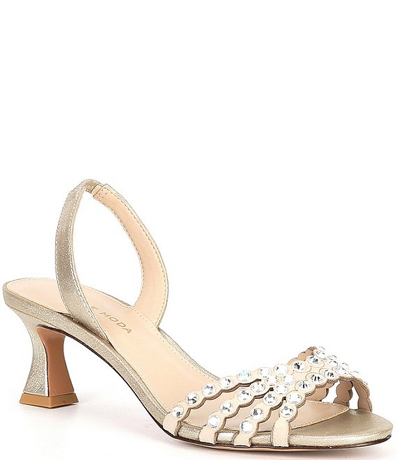 Color:Platinum Gold - Image 1 - Felice Shimmer Suede Rhinestone Embellished Slingback Dress Sandals