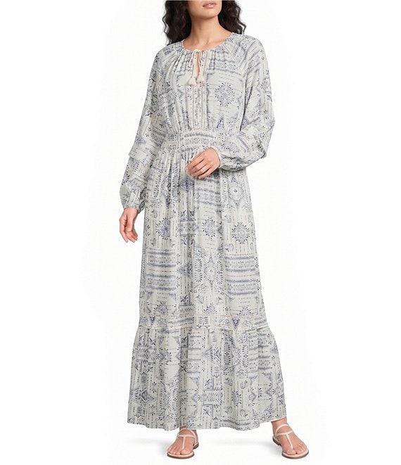 Pendleton Athena Printed V-Neck Long Sleeve Maxi A-Line Dress
