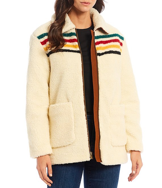 Pendleton Glacier Sunset Stripe Print Stand Collar Long Sleeve Fleece Cozy Zip Front Coat