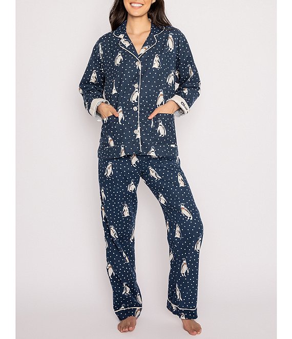 Penguin Print Chill Out Embroidered Long Sleeve Notch Collar Flannel  Pajama & Headband Set