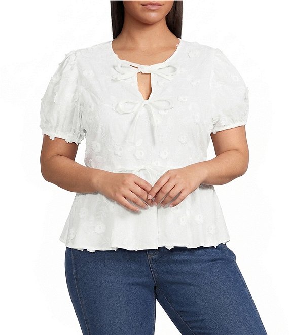 Perch by Blu Pepper Plus Size 3D Floral Embroidered Tie Front Round Neck Short Puff Sleeve Top