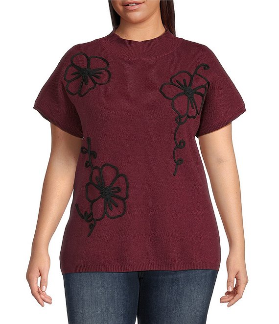 Blu Pepper Perch by Blu Pepper Plus Size Knit Short Sleeve Top, Burgundy - Image 1