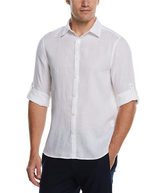 Color:Bright White - Image 1 - Big & Tall Solid Linen Roll-Sleeve Woven Shirt