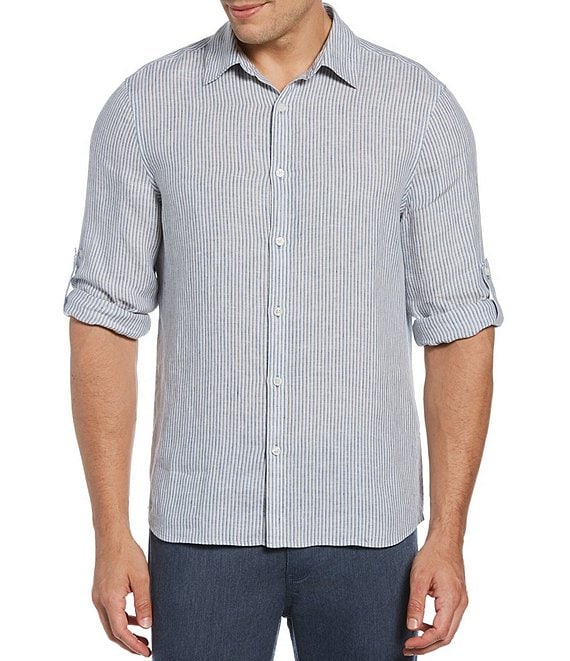 Color:Bright Cobalt - Image 1 - Big & Tall Tri-Color Stripe Linen Long-Sleeve Woven Shirt