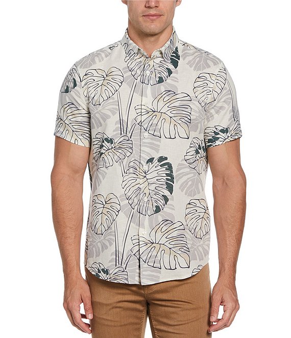 Perry Ellis Bold Leaf Print Short Sleeve Linen Blend Woven Shirt ...