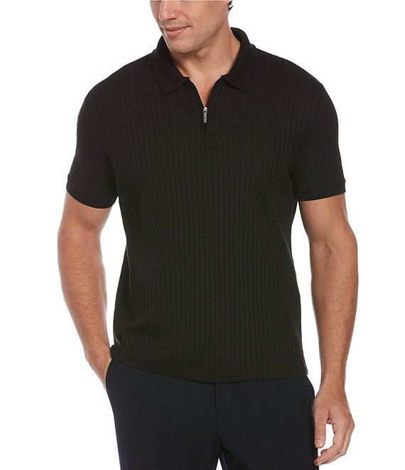 Perry Ellis Ribbed Quarter-Zip Short Sleeve Polo Shirt