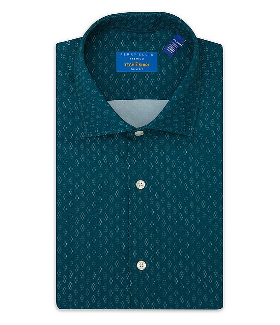 Color:Medium Green - Image 1 - Slim Fit Premium Tech Spread Collar Printed Dress Shirt