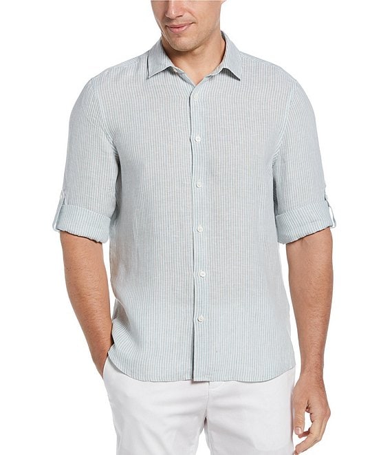 Perry Ellis Stripe Linen Roll-Sleeve Woven Shirt | Dillard's