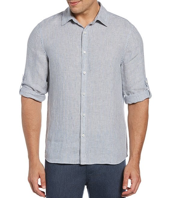Perry Ellis Stripe Linen Roll-Sleeve Woven Shirt | Dillard's