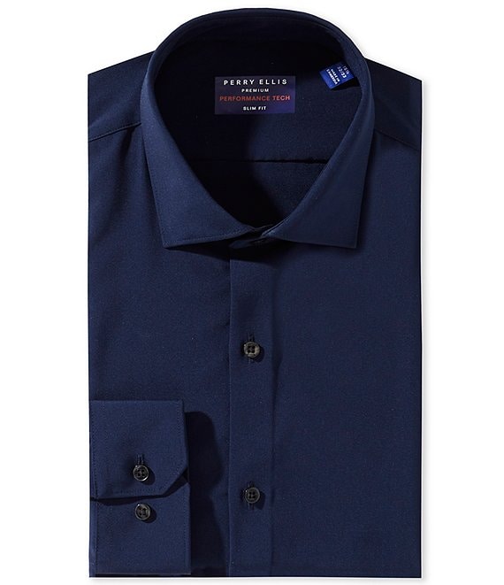 Perry Ellis True Navy Solid Performance Dress Shirt