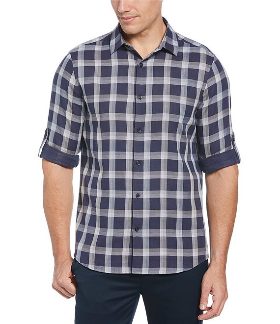 Perry Ellis Untucked Roll-Sleeve Plaid Long-Sleeve Woven Shirt | Dillard's