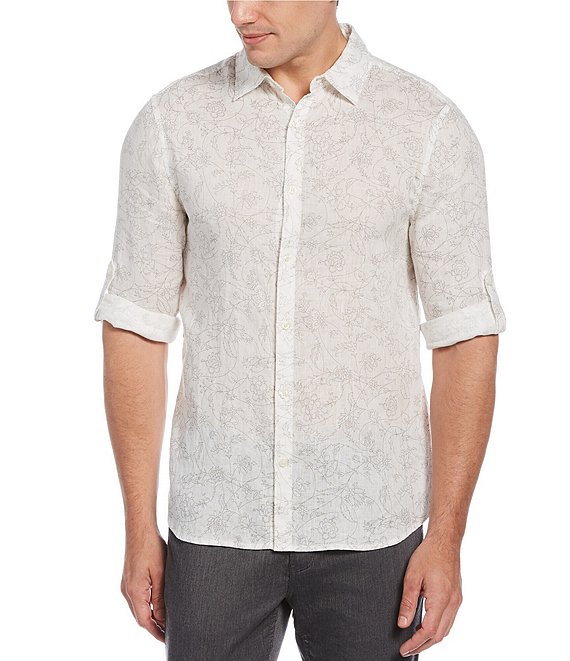Color:Bright White - Image 1 - Vine Print Linen Roll-Sleeve Woven Shirt