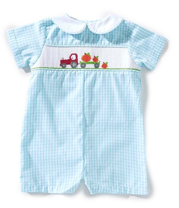 Petit Ami Baby Boys Short-Sleeve Smocked Pumpkin/Tractor-Motif Checked Romper, Aqua - Image 1