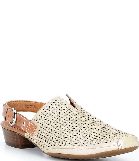 Pangolinarmadillo Pikolinos Alameda Perforated Leather Block Heel Slingback Mules