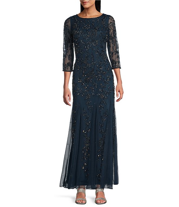 Pisarro Nights 3 4 Sleeve Crew Neck Long Beaded Godet Gown