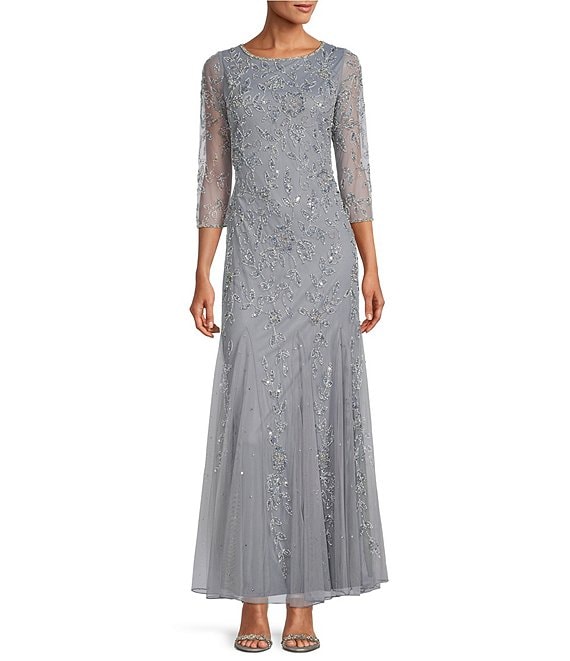 Color:Sky Blue - Image 1 - 3/4 Sleeve Crew Neck Long Beaded Godet Gown