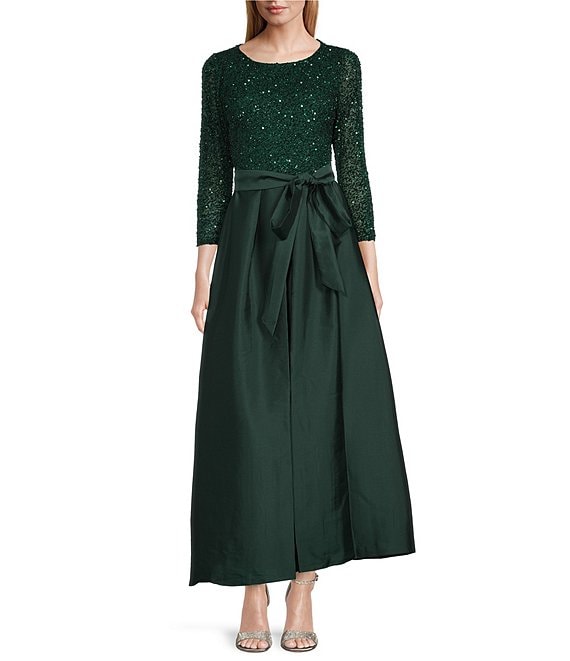 Color:Hunter - Image 1 - Sequined Bodice 3/4 Sleeve Boat Neck Tie Waist Satin Ball Gown