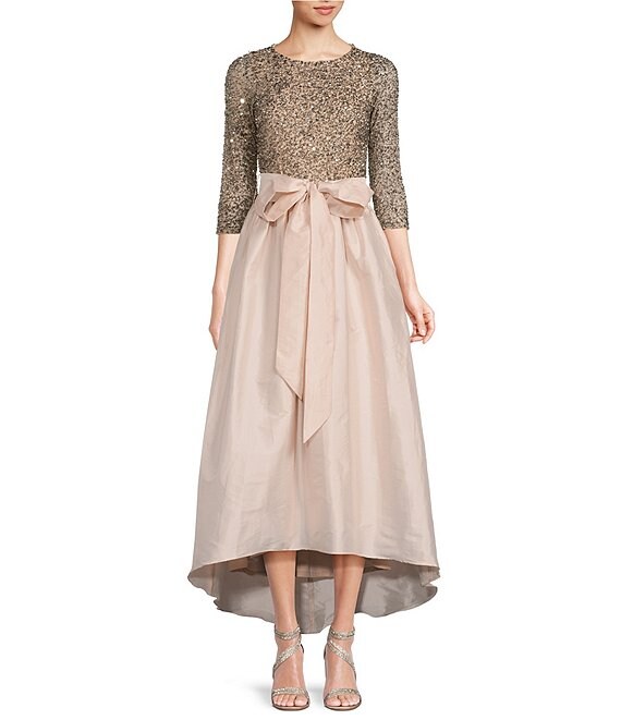 Color:Blush - Image 1 - 3/4 Sleeve Beaded Bodice Pleated Taffeta Gown