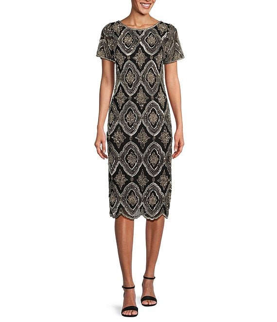 Pisarro Nights Beaded Crew Neck Short Sleeve Midi Dress | Dillard's