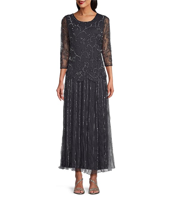 Pisarro Nights Intricate Beaded 3/4 Illusion Sleeve Round Neck A-Line  Chiffon Skirted Dress | Dillard's