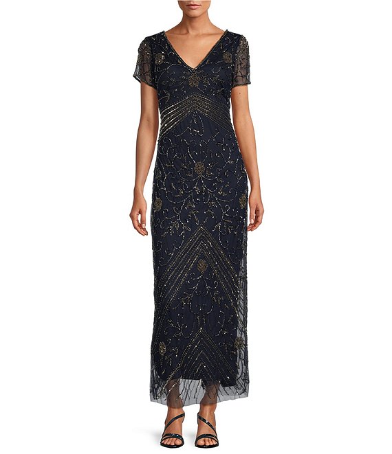 Color:Navy - Image 1 - Beaded V-Neck Short Sleeve Sheath Gown