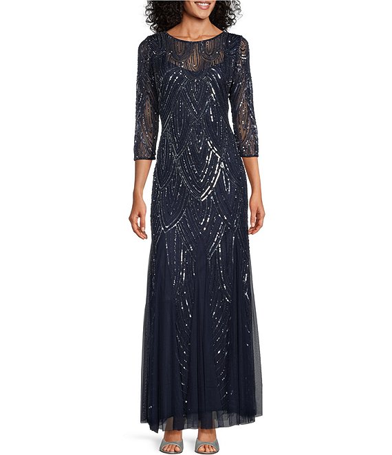 Pisarro Nights Long Sequin 3 4 Sleeve Round Neck Sheath Gown